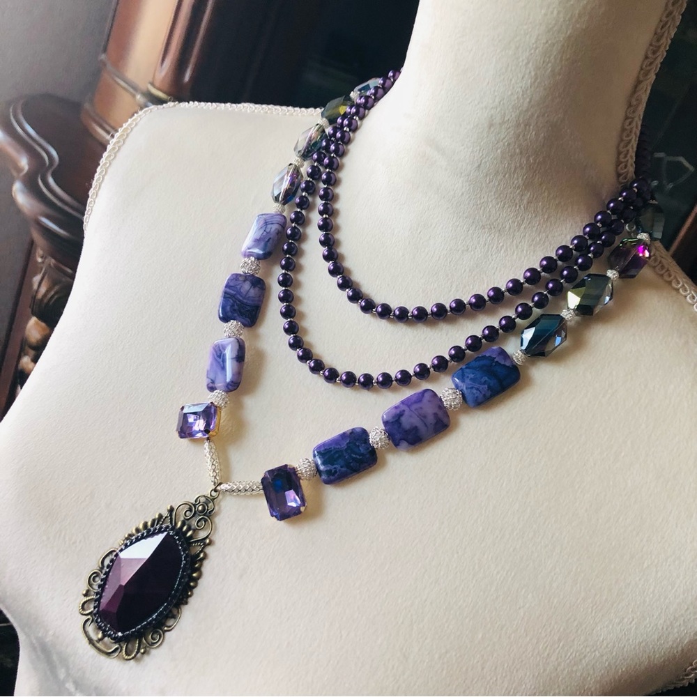 Handcrafted “purple power” triple strand mixed bead genuine onyx clasp necklace